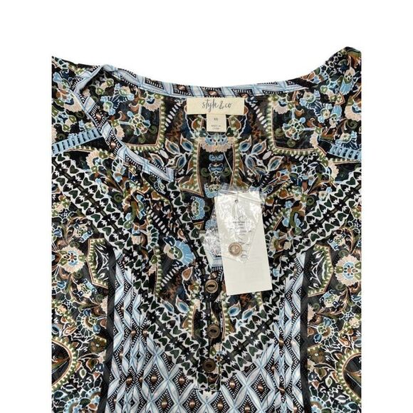 Style & Co Blue Black‎ Print Chiffon Split Neck Blouse Top XS - Picture 6 of 7